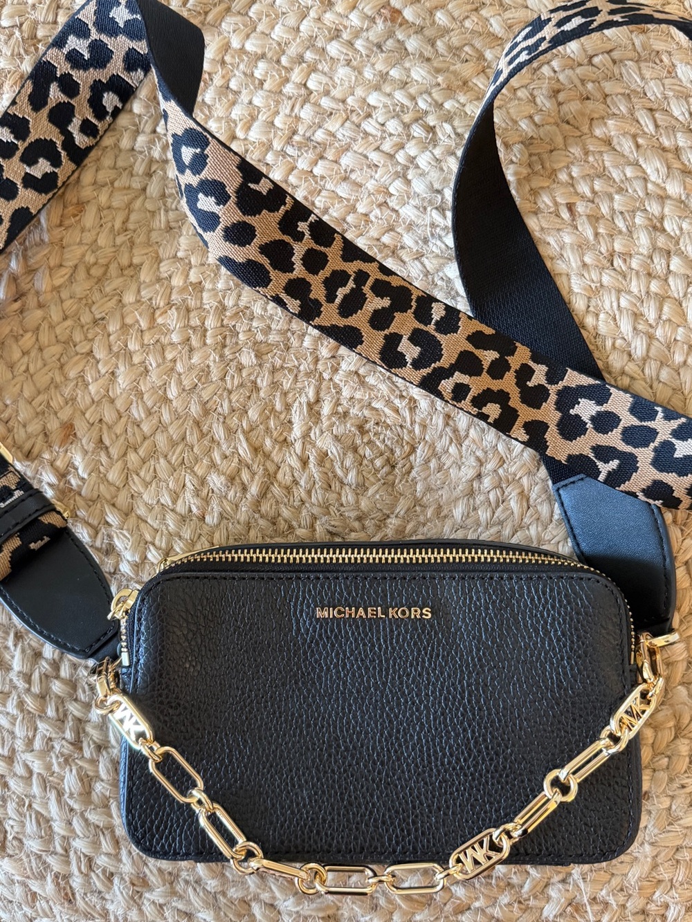 Michael Kors Black Pebbled Leather Crossbody with Leopard Strap